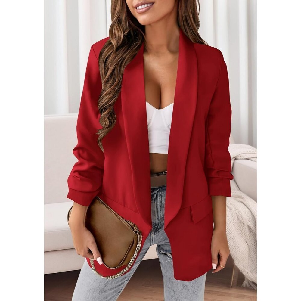 Women's Red Casual Blazer Spring Fall Fashion Long Sleeve Open Front Work - Picture 6 of 6
